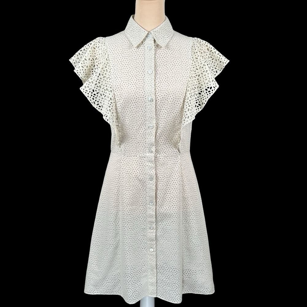 Theory Beige Ecru Nova Eyelet Button Front Flutter Sleeve Mini Dress Size 2 NWT